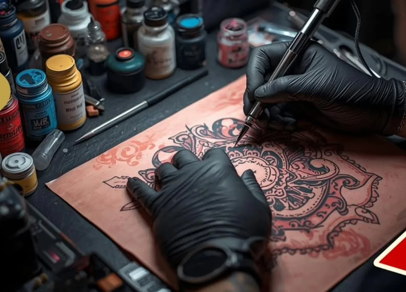 Tattoo supply: ink bottles & mandala stencil work